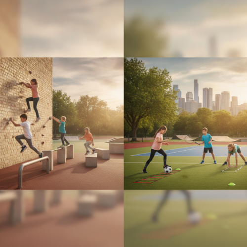 Kids practicing parkour movements outdoors, showcasing parkour vs other sports in terms of agility and full-body development