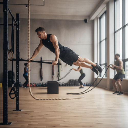 Athlete working through functional movement challenges during calisthenics training at a modern gym facility