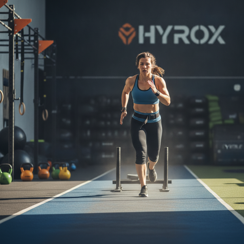 Athlete following a Hyrox training timeline through functional workout drills at a modern gym facility