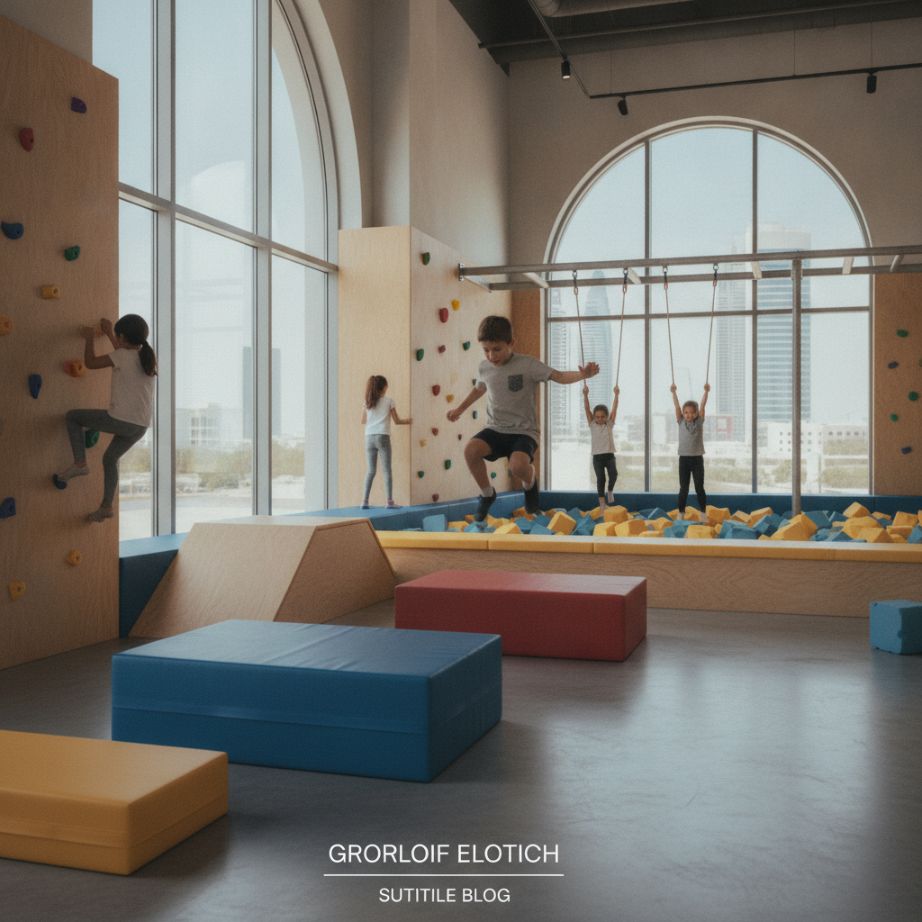 Young children training at a kids parkour gym in Dubai, jumping over obstacles with coaches guiding them safely