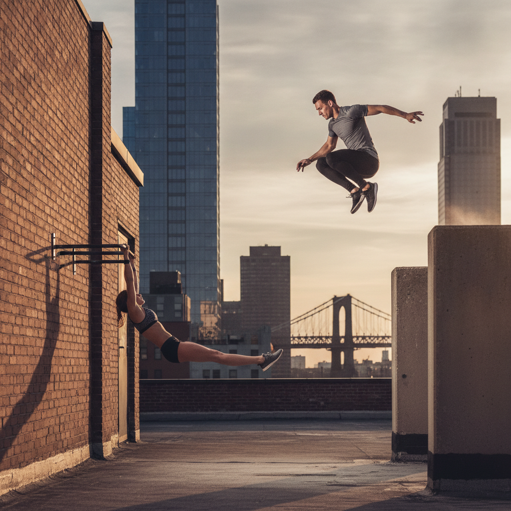 Athlete demonstrating parkour calisthenics benefits through dynamic movement training outdoors at an urban fitness location