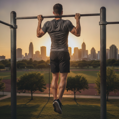Athlete performing a pull-up on an outdoor bar, demonstrating calisthenics training fundamentals for building functional strength