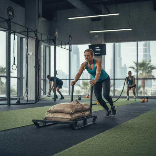 Athlete pushing sled during hyrox training Dubai functional fitness session at Gravity Calisthenics Gym