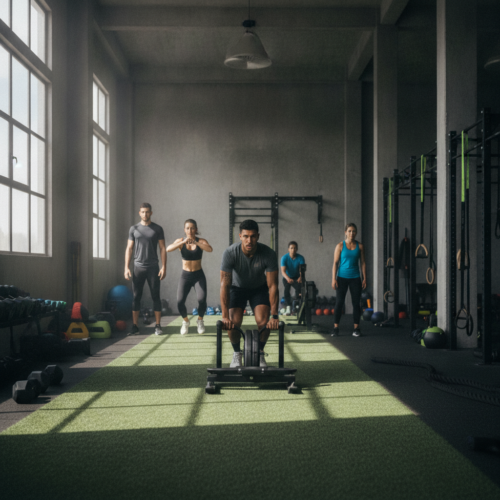 Athletes pushing through Hyrox-style training at the best Hyrox gym Dubai has to offer, combining strength and endurance