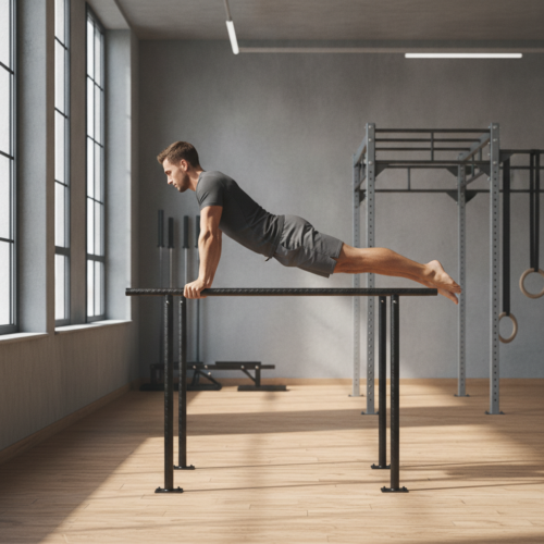 Athlete demonstrating functional strength training with bodyweight movements at a modern calisthenics gym