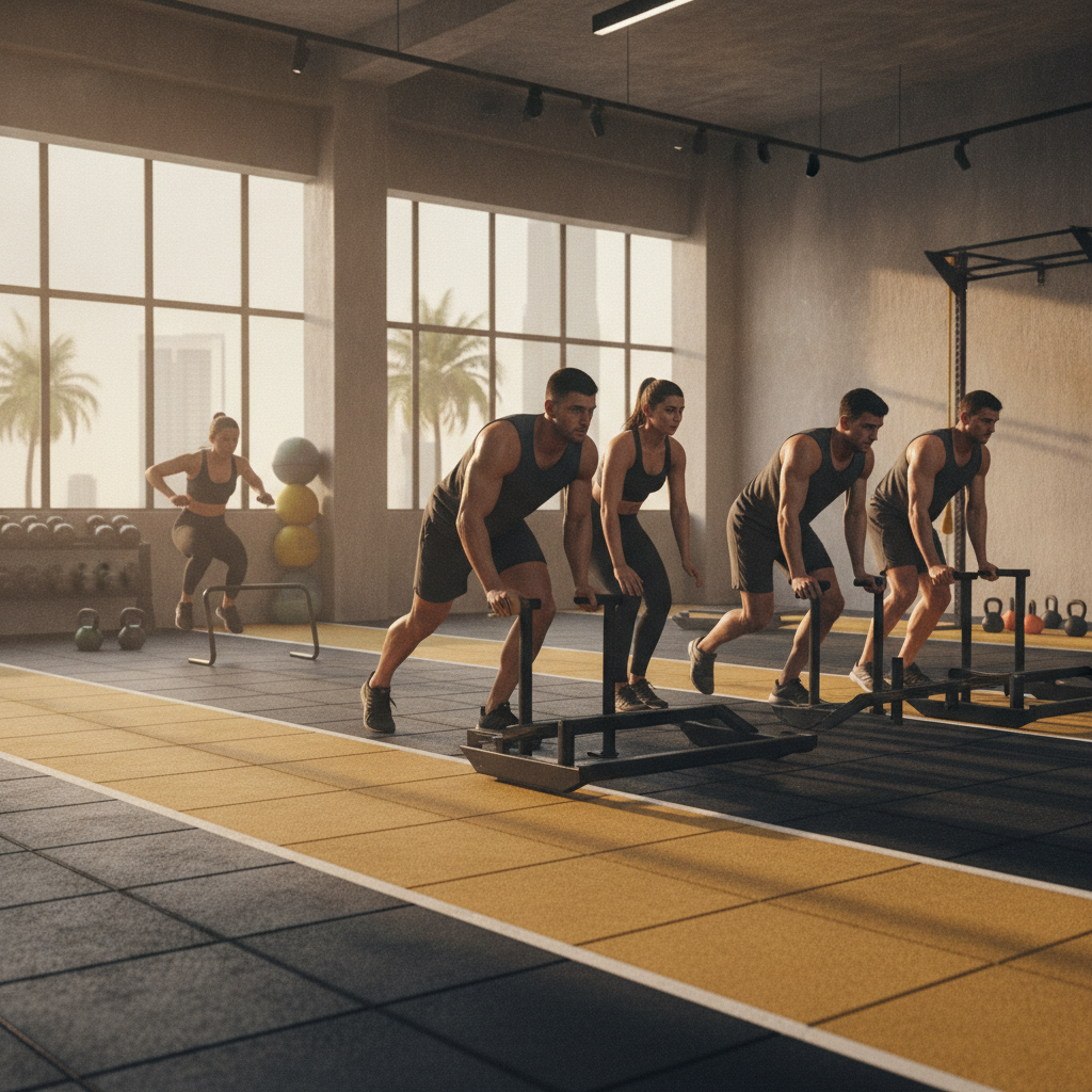 Athletes comparing Hyrox class formats Dubai group sessions offer versus one-on-one personal training at a functional gym