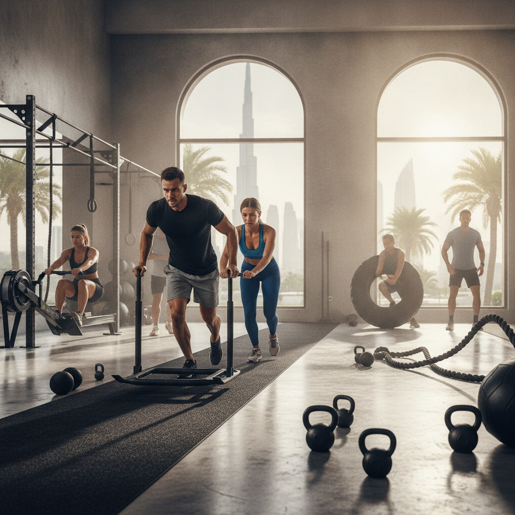 Athletes pushing through a functional fitness workout, reflecting the intensity of Hyrox training in Dubai's top gyms