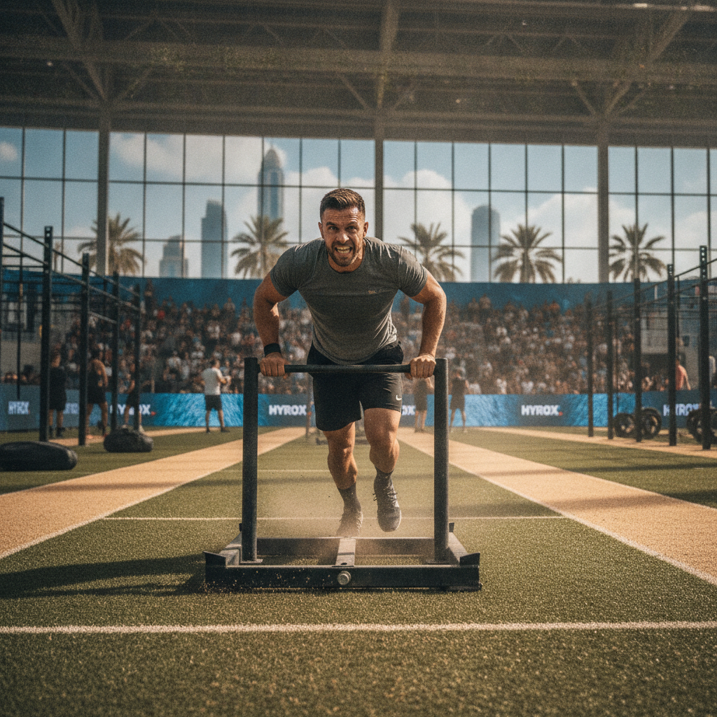 Athlete pushing weighted sled during Hyrox training in Dubai gym, showcasing functional fitness and endurance performance