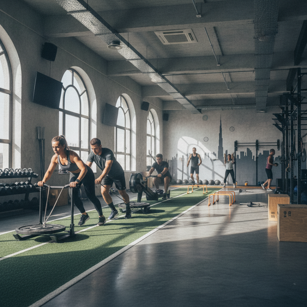 Athletes completing Hyrox-style functional training drills in a Dubai gym — discover where to train Hyrox Dubai
