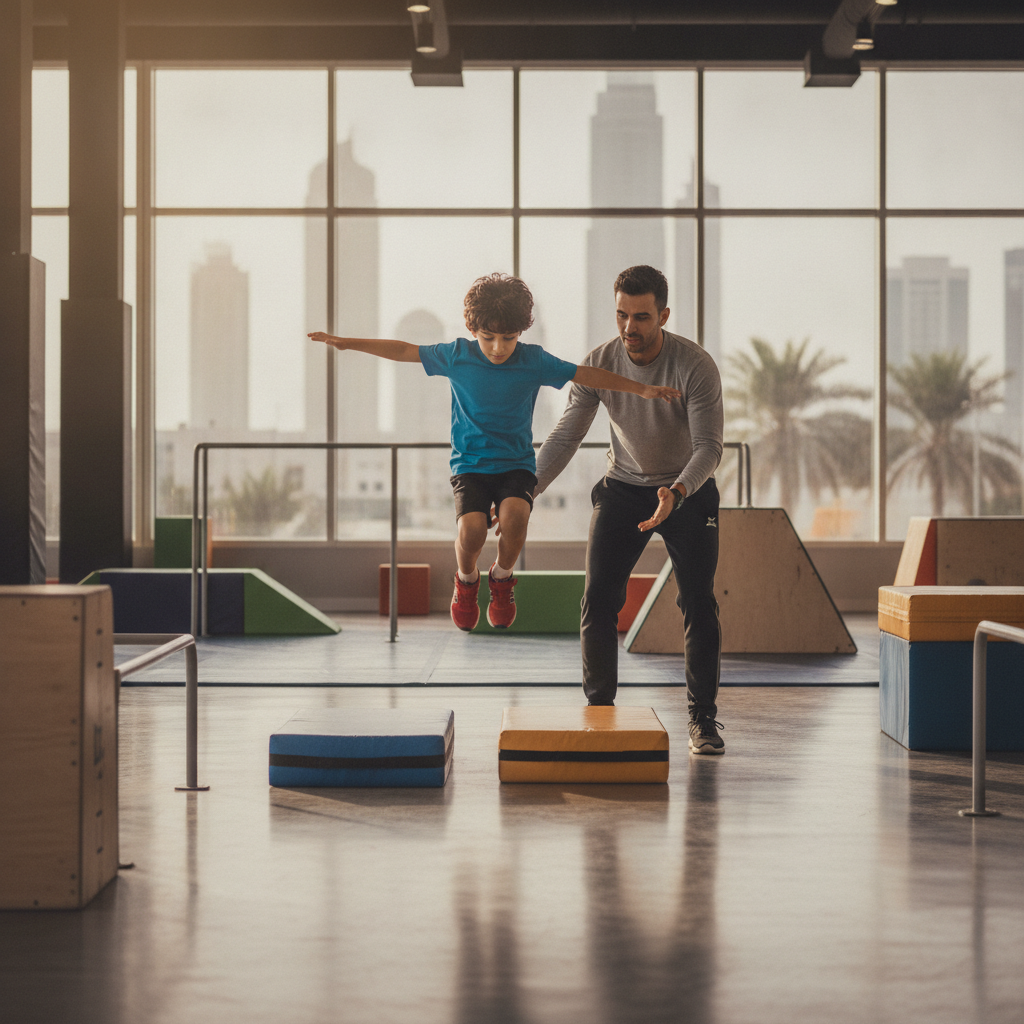 Young child practicing jumps at a Dubai parkour gym, perfect for starting parkour for kids with expert coach support