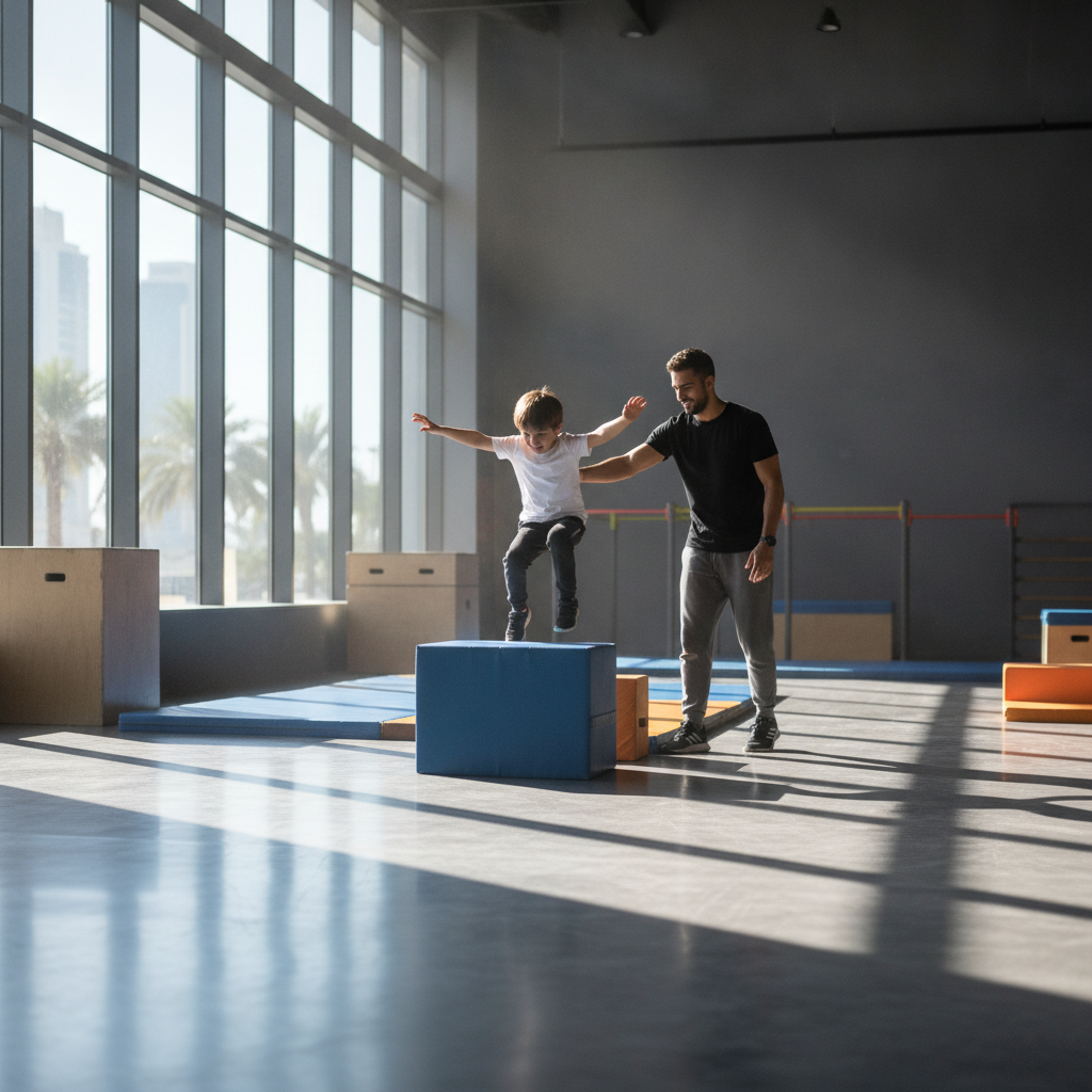 A coach supporting kids in parkour training as a child leaps over an obstacle at a Dubai gym