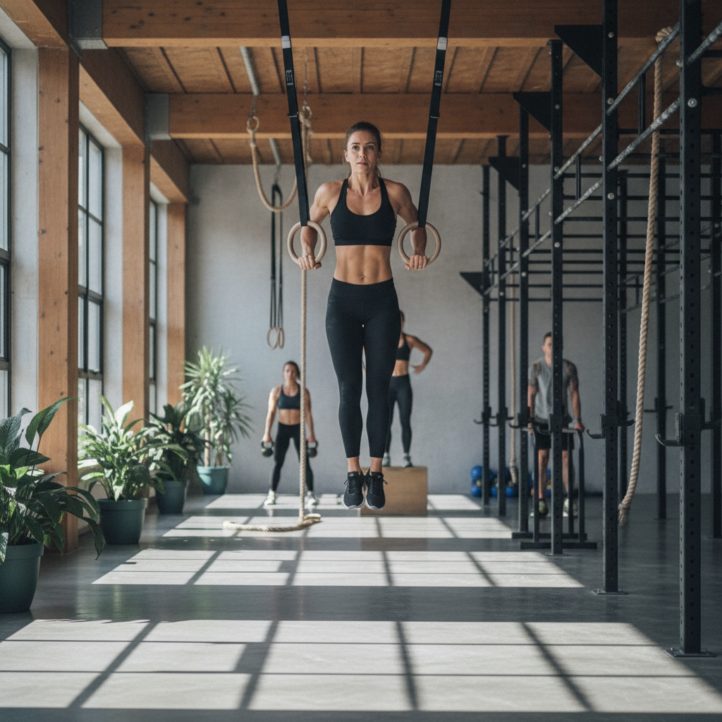 Athlete performing functional movement training at a calisthenics gym, maximizing gym benefits through expert-coached progression-based workouts
