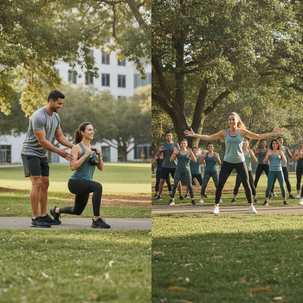 Personal trainer working one-on-one with athlete alongside a group fitness class, illustrating a coaching formats comparison